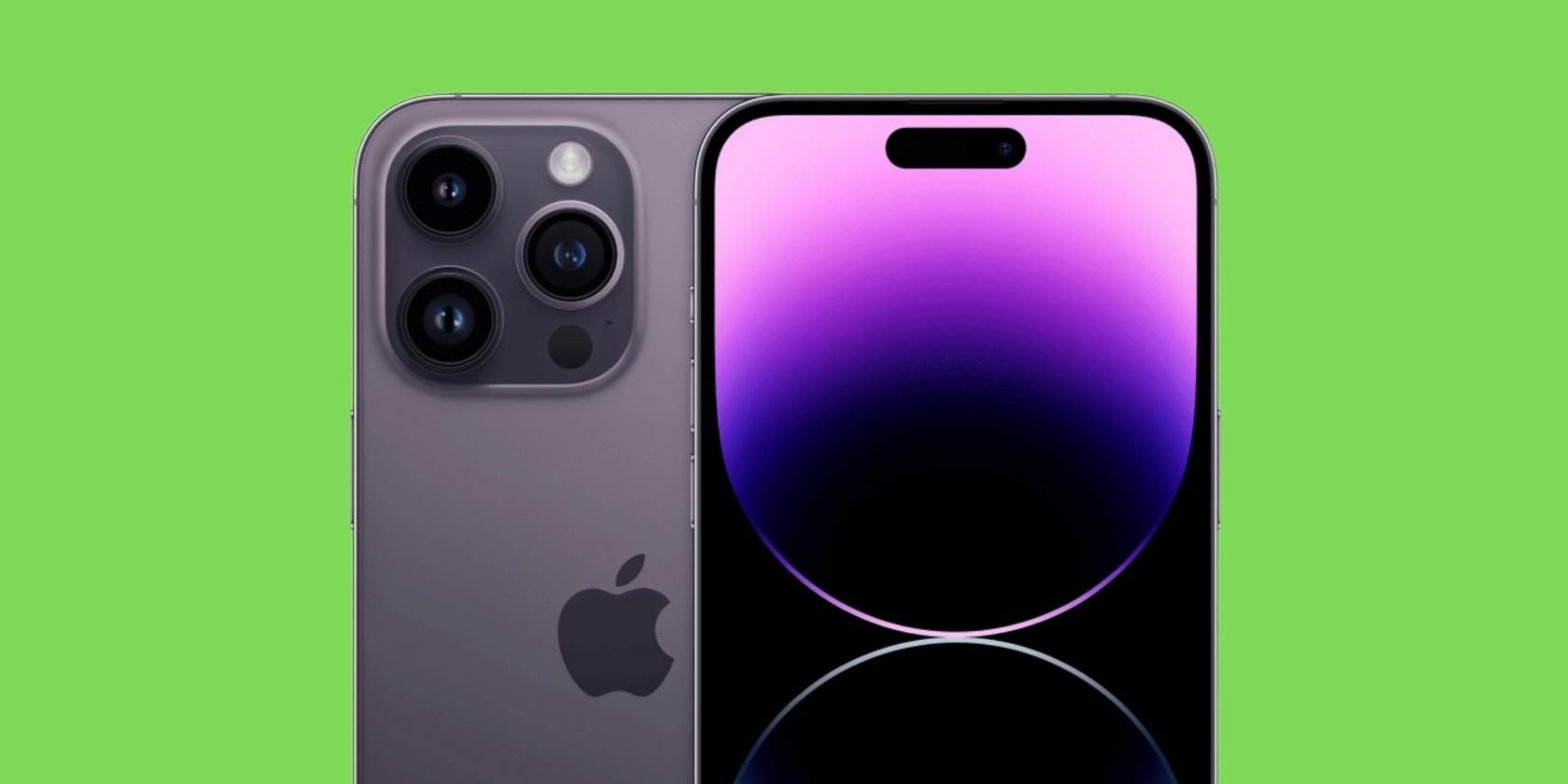 The top half of iPhone 14 Pro from the front with a green background