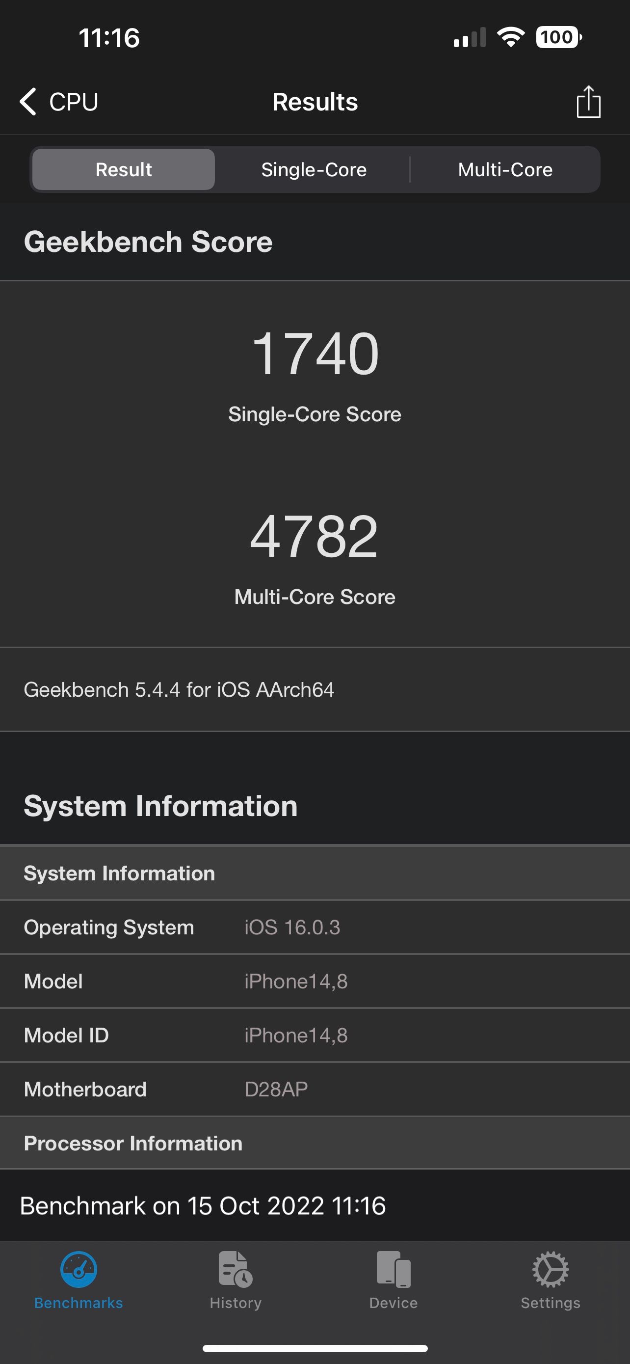 iPhone 14 Plus CPU Score