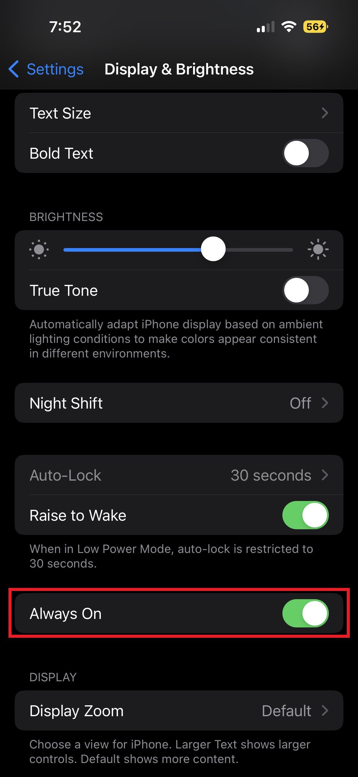 Menu Always On Toggle của iPhone