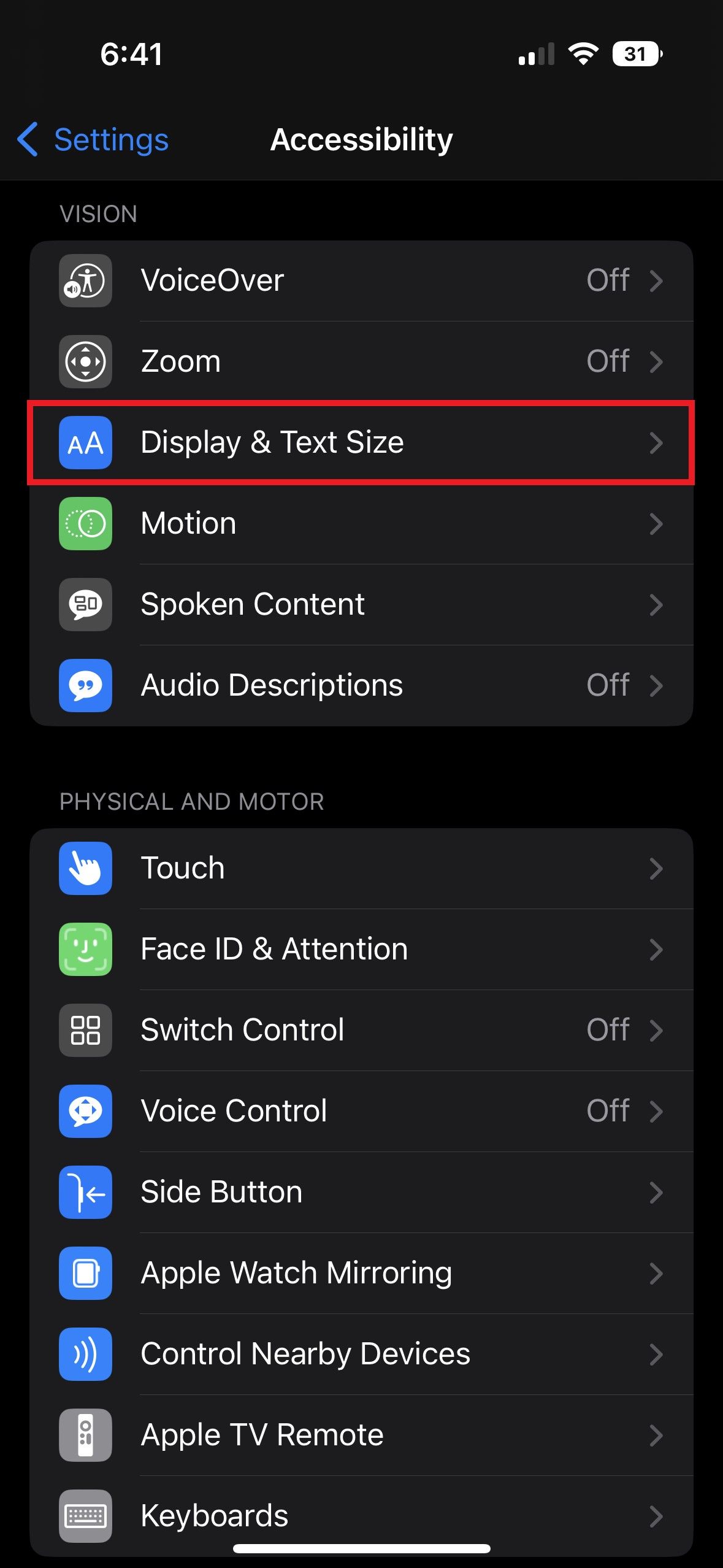 iPhone Display and Text Size Menu