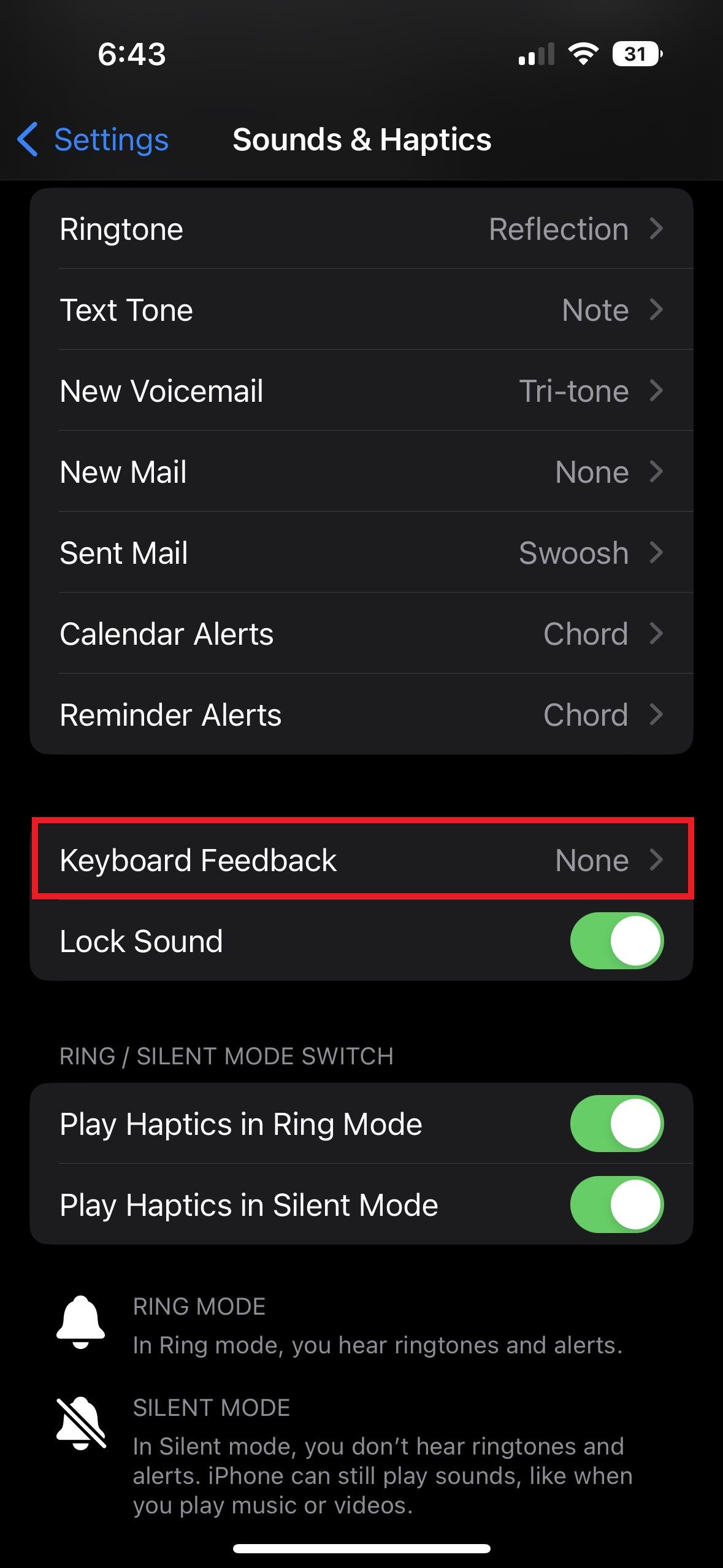 iPhone Keyboard Feedback Menu
