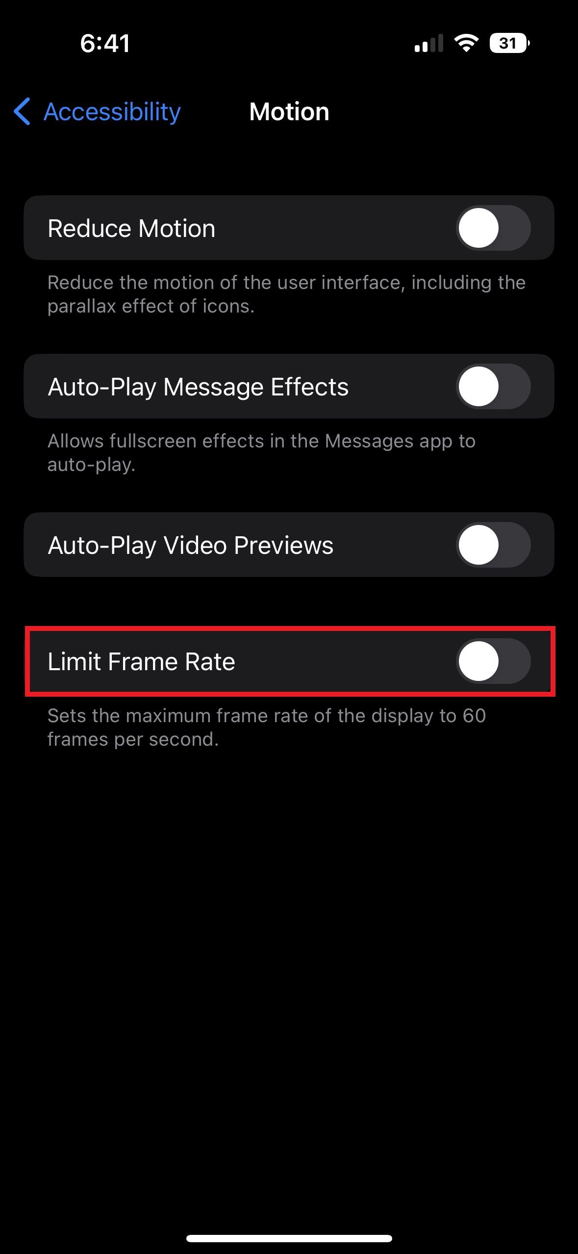 iPhone Limit Frame Rate in Settings