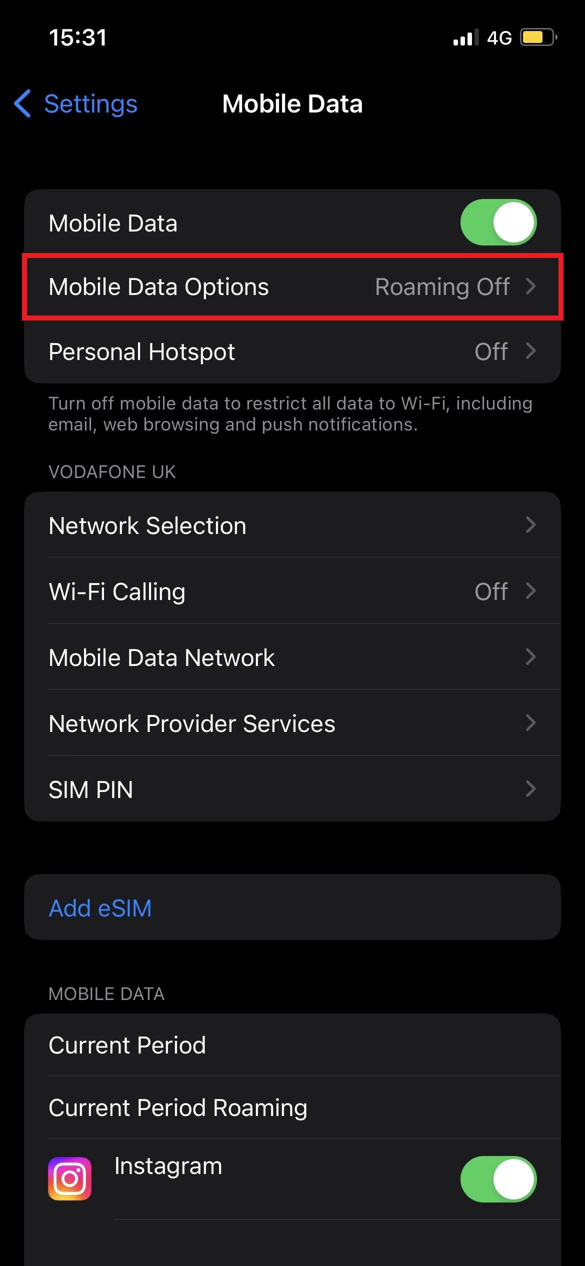 iPhone Settings Mobile Data Options