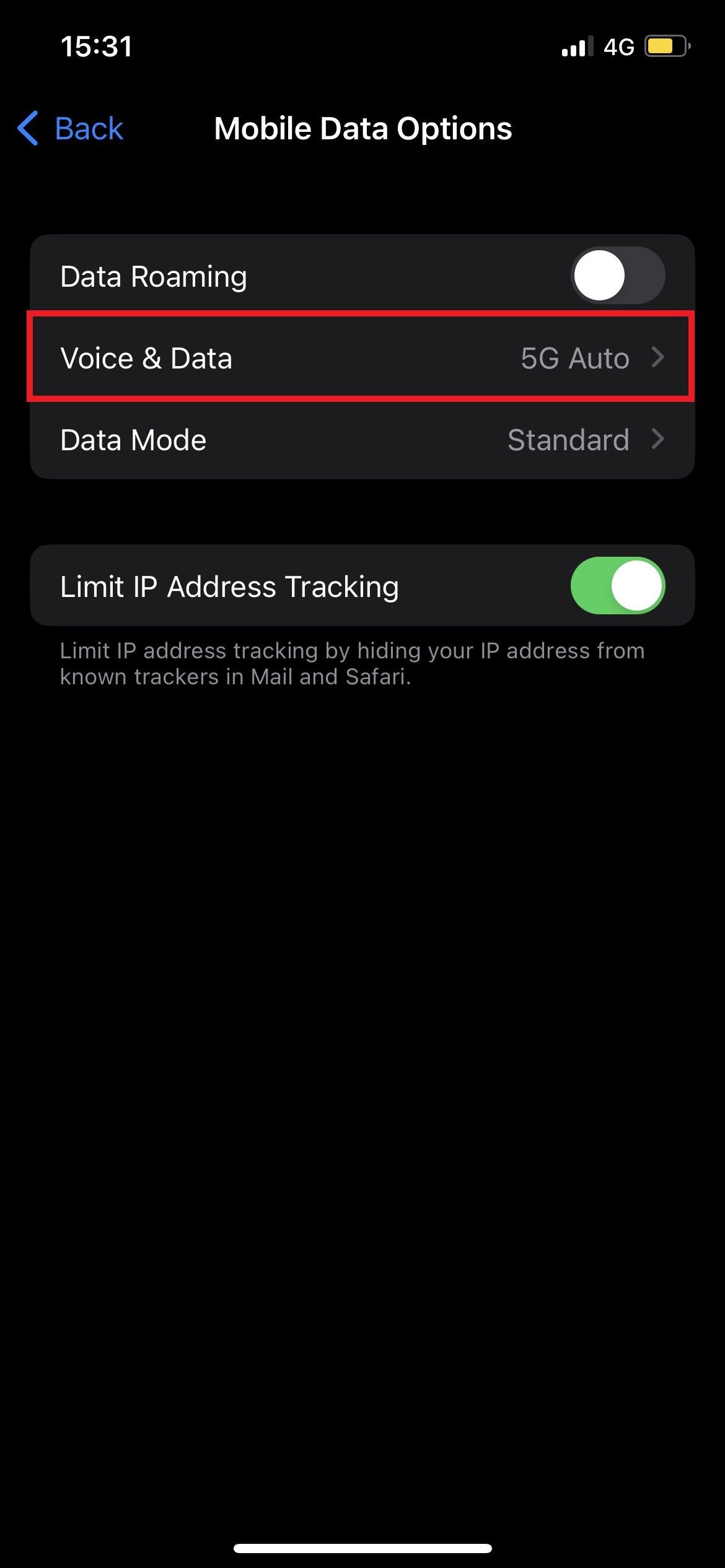 a screen within Settings showing configurable options for mobile data