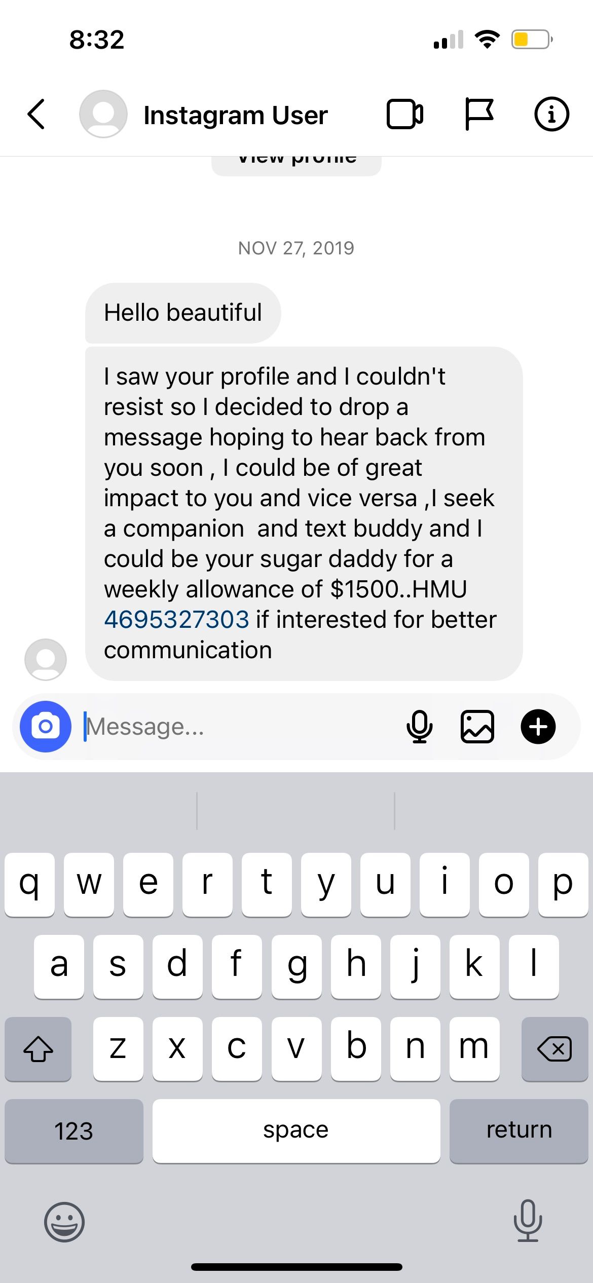 instagram DM from fake account offering money