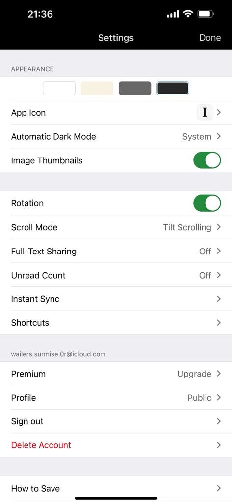 Screenshot showing Instapaper's settings