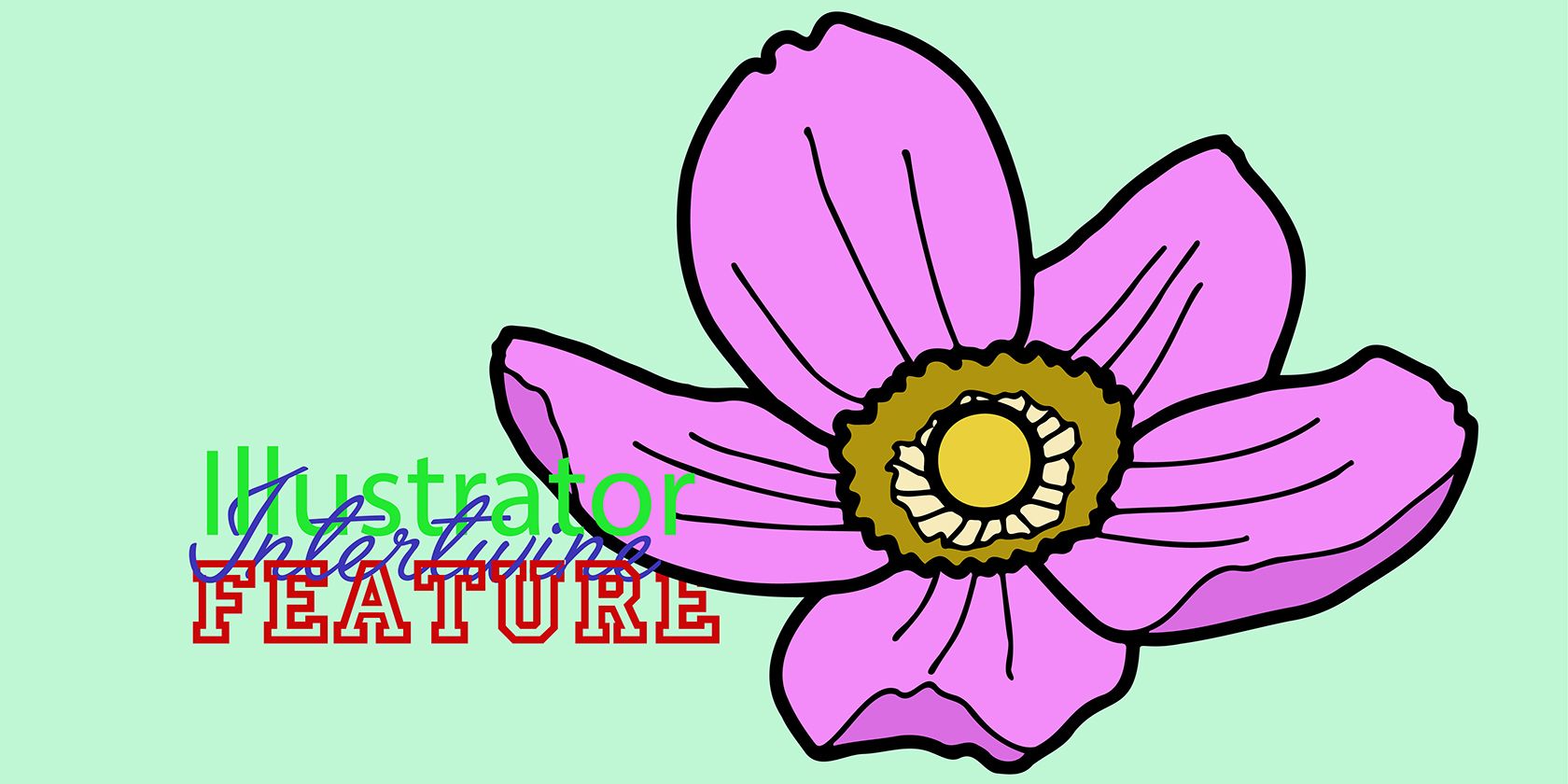 Intertwined text with pink flower illustration.