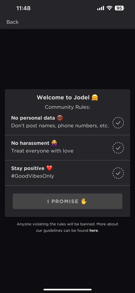 Screenshot showing Jodel's community rules