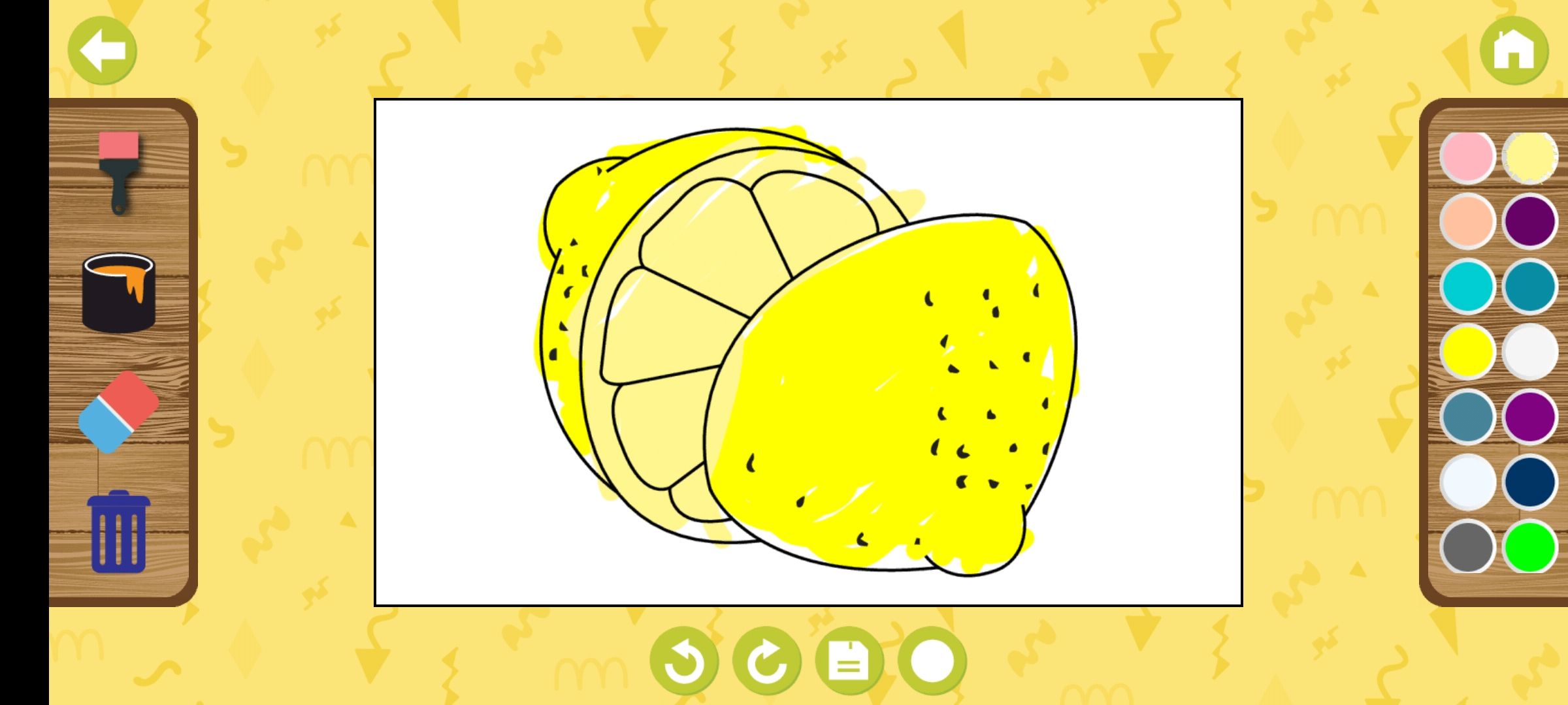 kids coloring book app with a lemon partially colored in