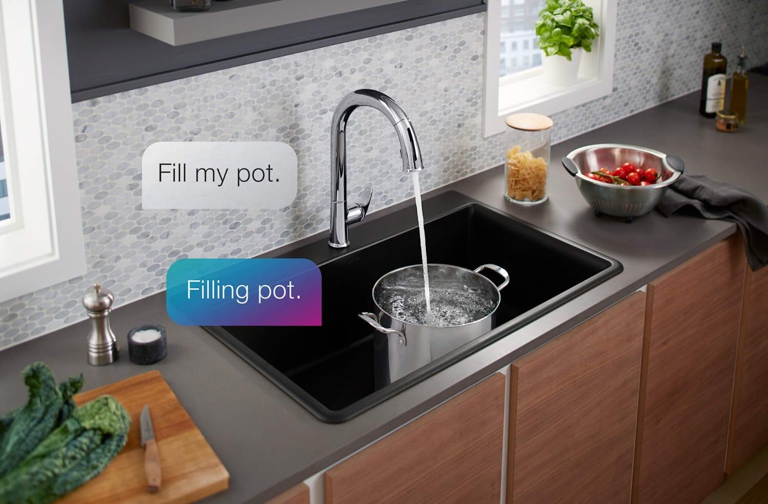 kohler sensate smart kitchen faucet dispensing water via voice command
