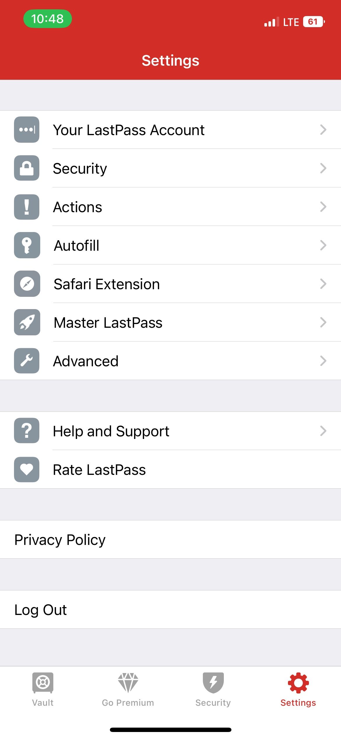 LastPass Settings on iOS