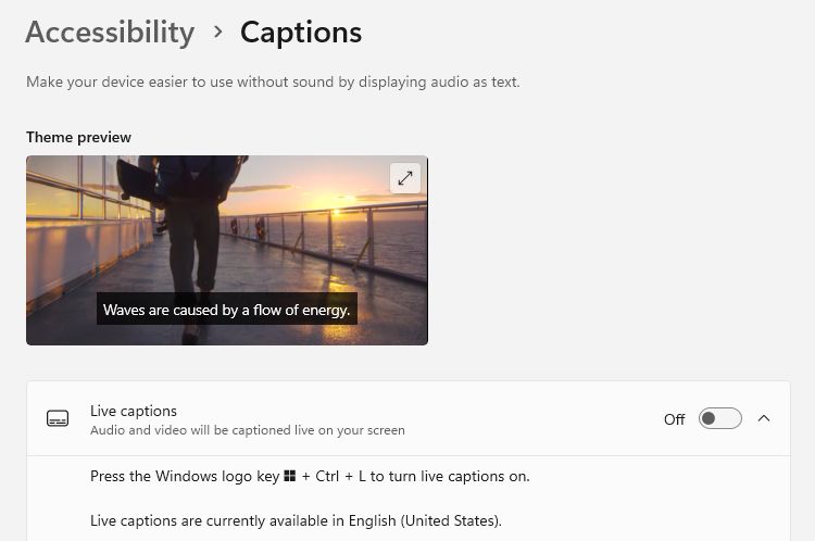 live captions settings in Windows 11