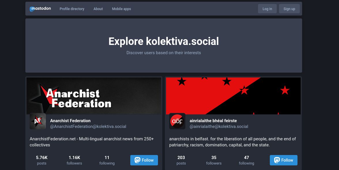kolektiva.social mastodon نمونه ای که پست های کاربران آنارشیست را نشان می دهد