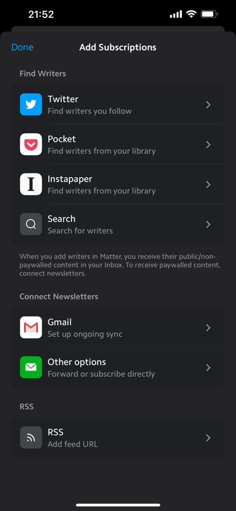 Screenshot showing how to add subscriptions in Matter