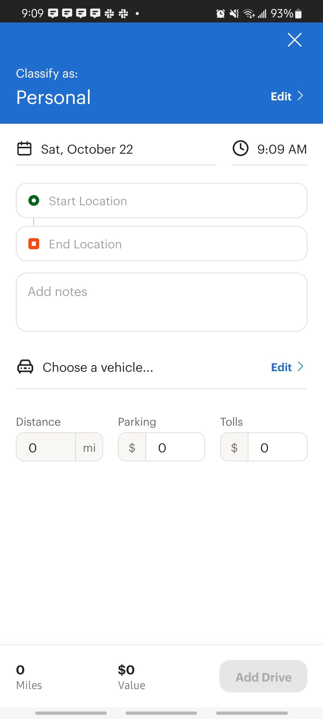 mile iq app entering a personal trip to track mileage