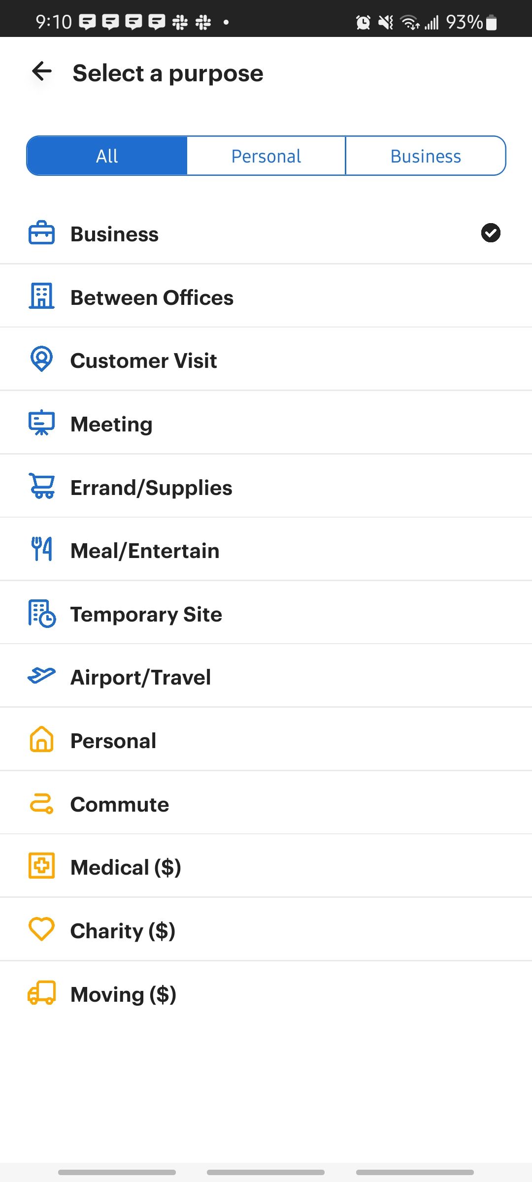 mile iq app selecting personal or business reason for a trip