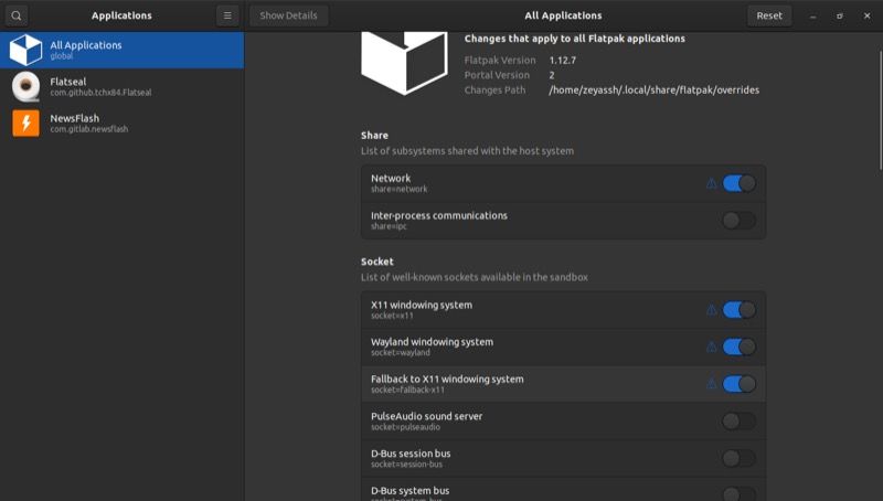 تغییر مجوز برای همه برنامه های flatpak