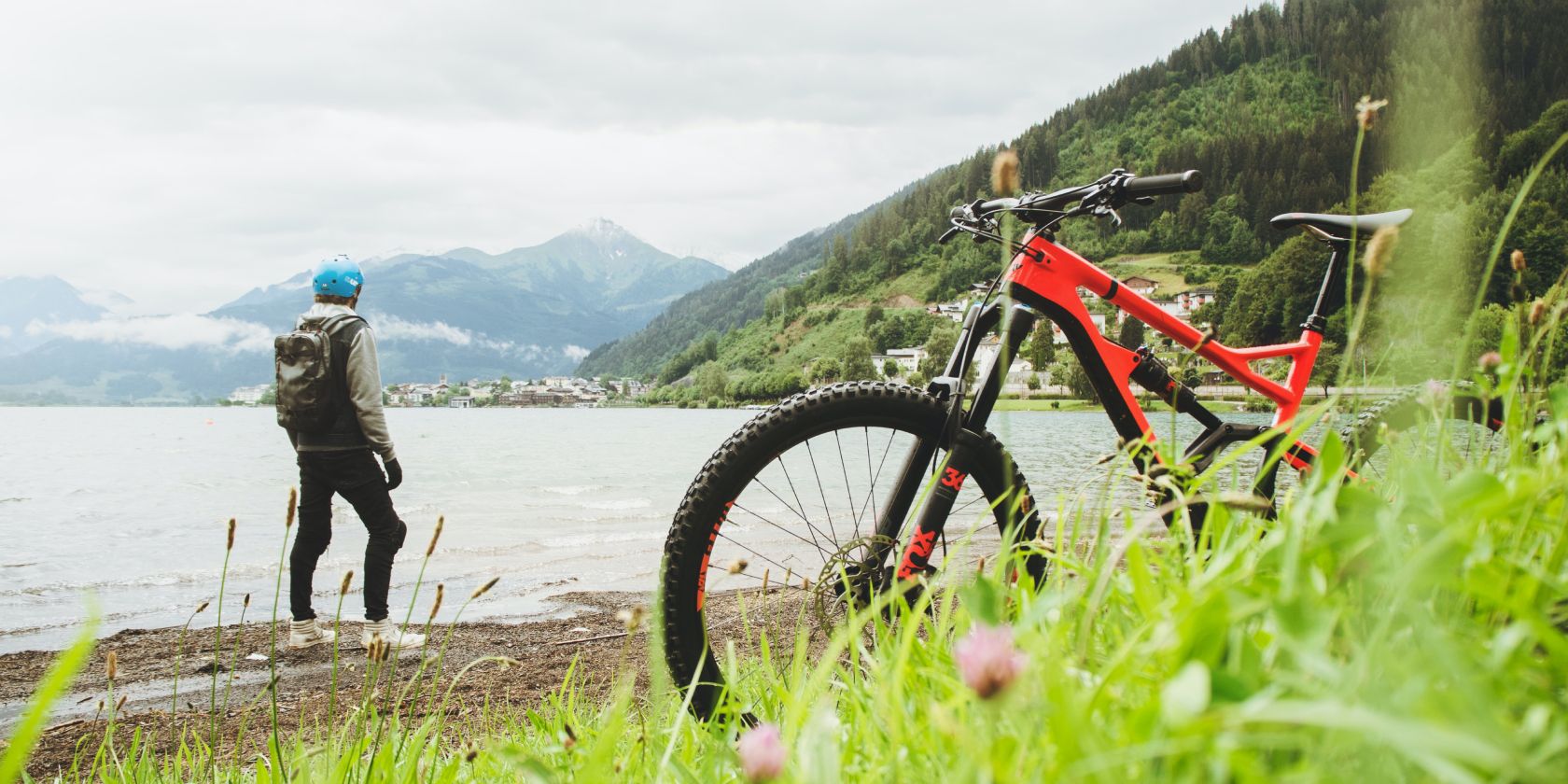mountain biker by lake