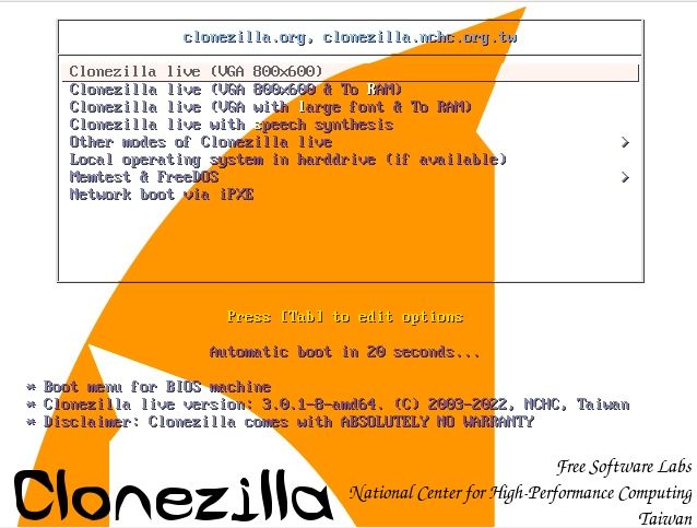 CloneZilla main menu