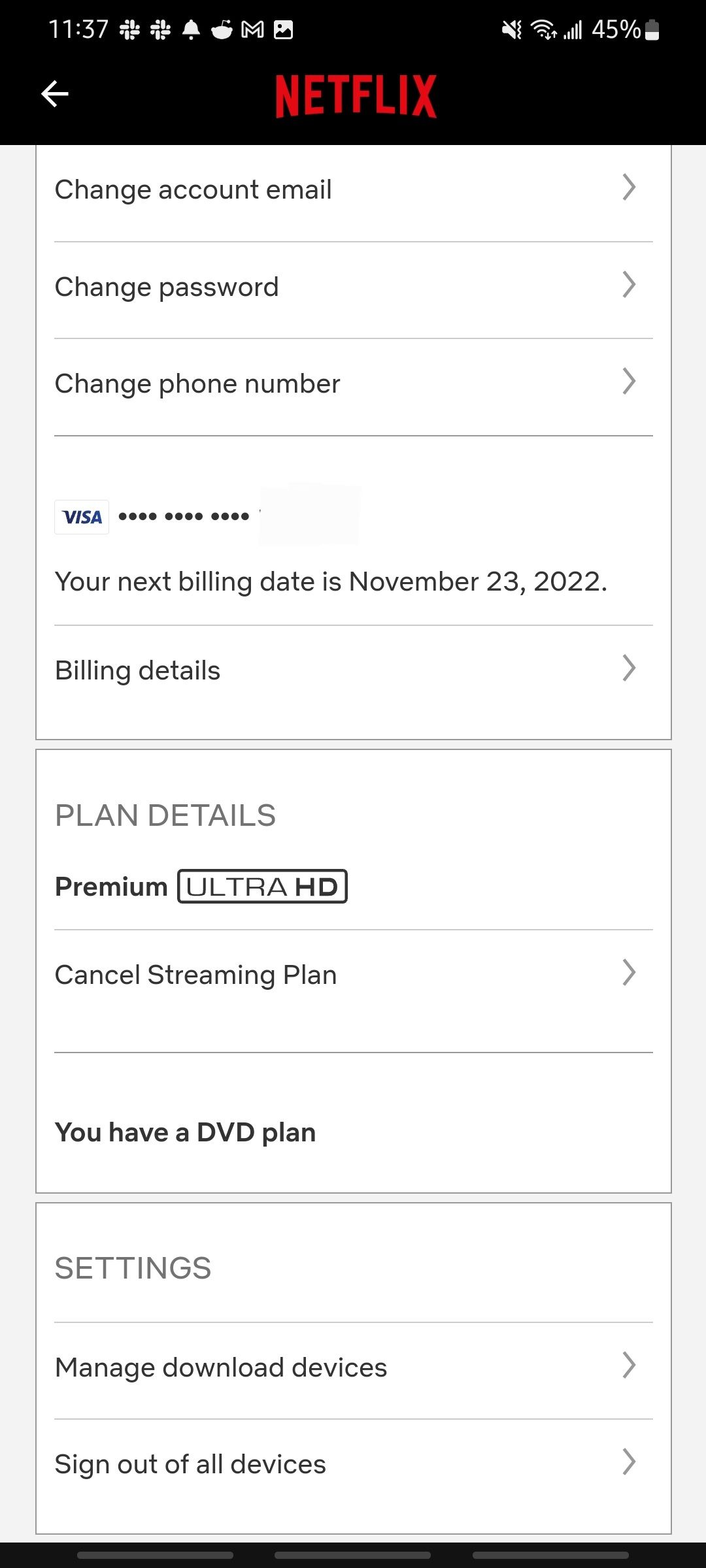 netflix mobile app account screen with billing and plan details