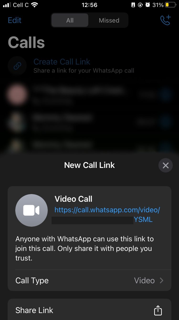 new call link pop-up window on whatsapp mobile