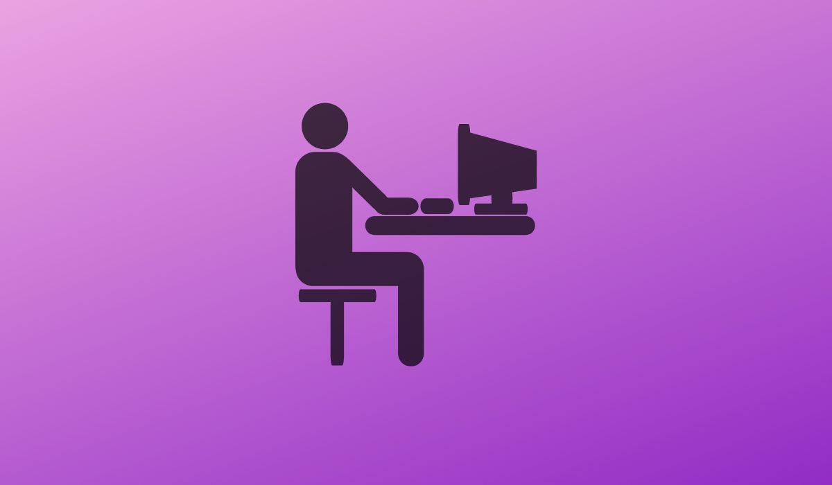 Graphic illustration of a man at a computer seen on purple background