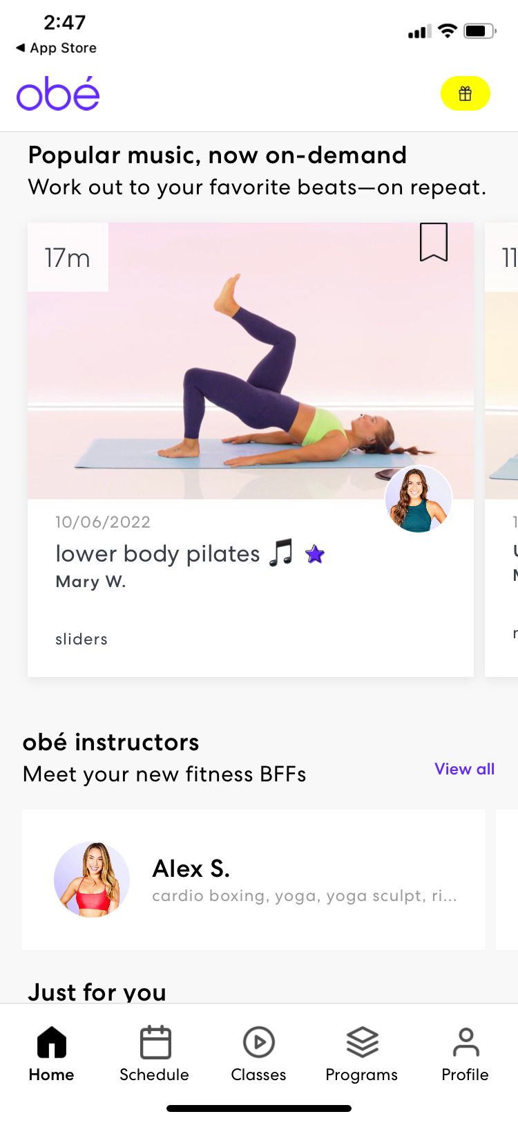 obé Fitness app home screen