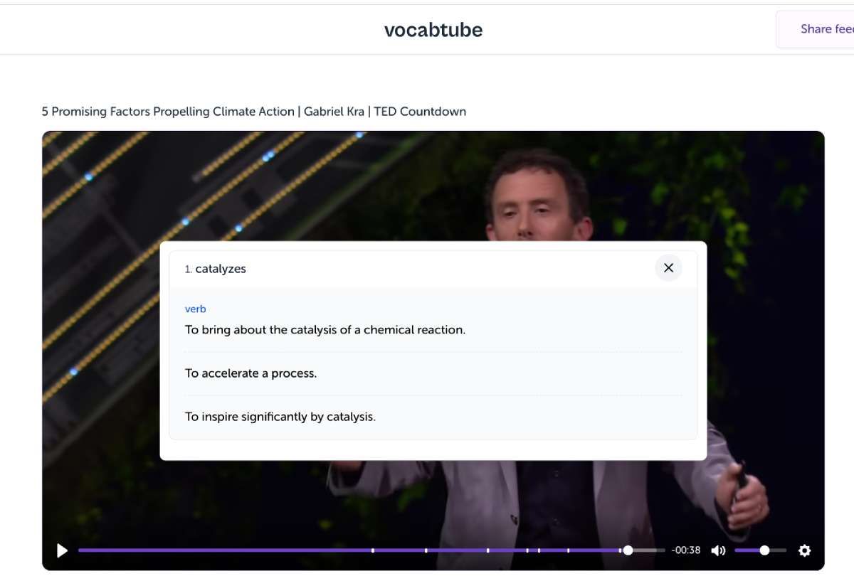 VocabTube lets you click a word in the subtitles or closed captions of YouTube videos to look up its meaning instantly 