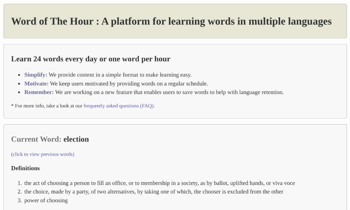 Word of the Hour helps you build your vocabulary by pushing a new English word every hour to your browser, desktop, phone, or Slack