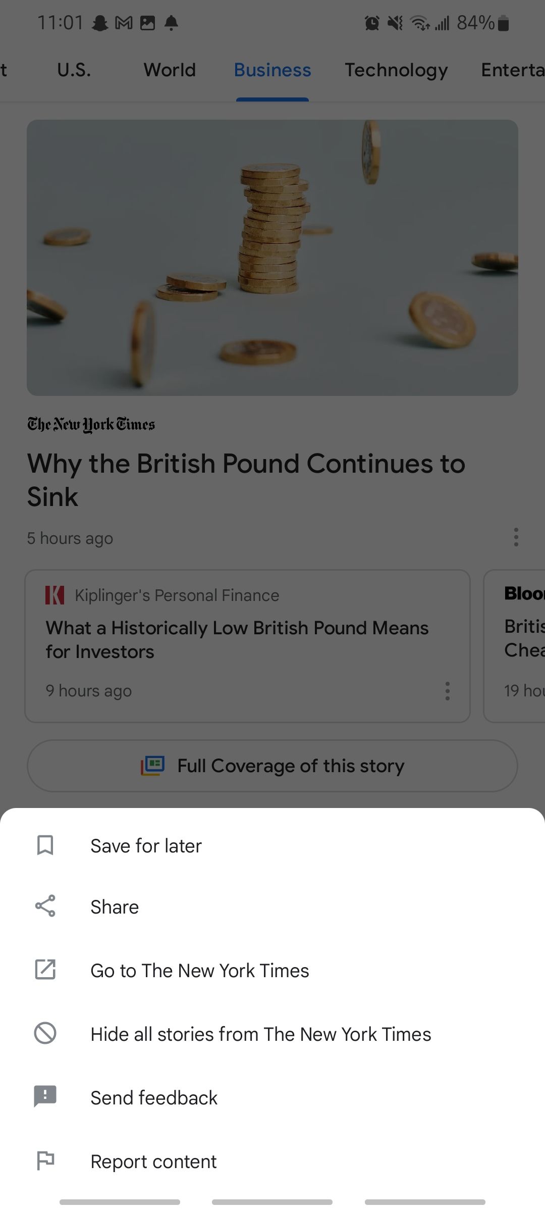 option to save a story for later or share on google news app