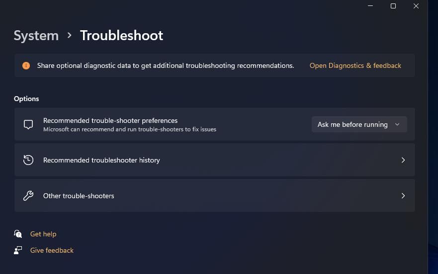The Other trouble-shooters navigation option 