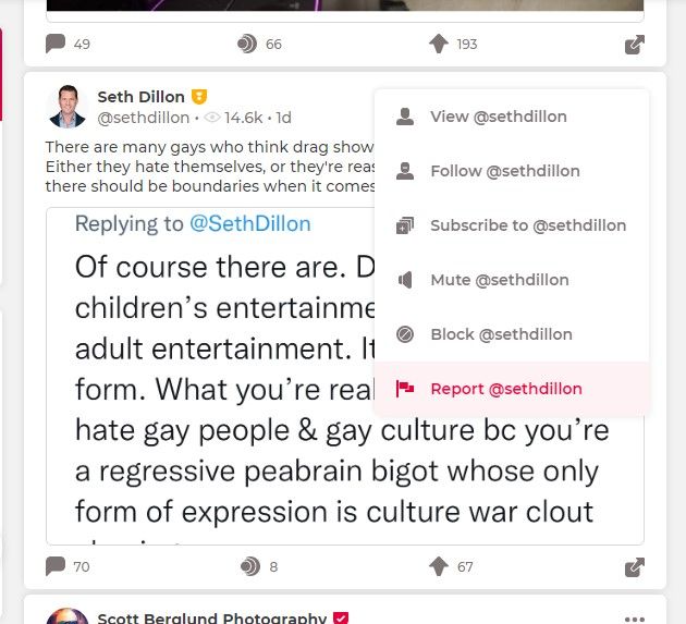 The menu for interacting with Parler posts includes blocking, muting, and reporting users.