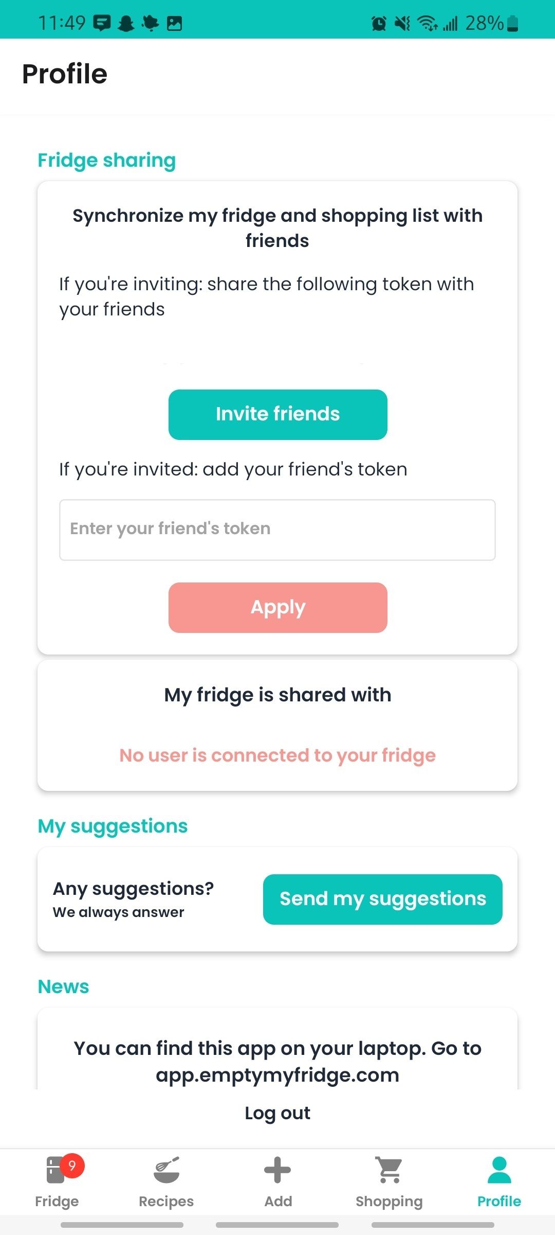 profile settings where you can share your fridge and shopping list with friends