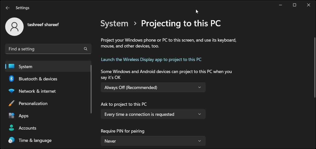 projecting to this pc windows 11 settings configuration