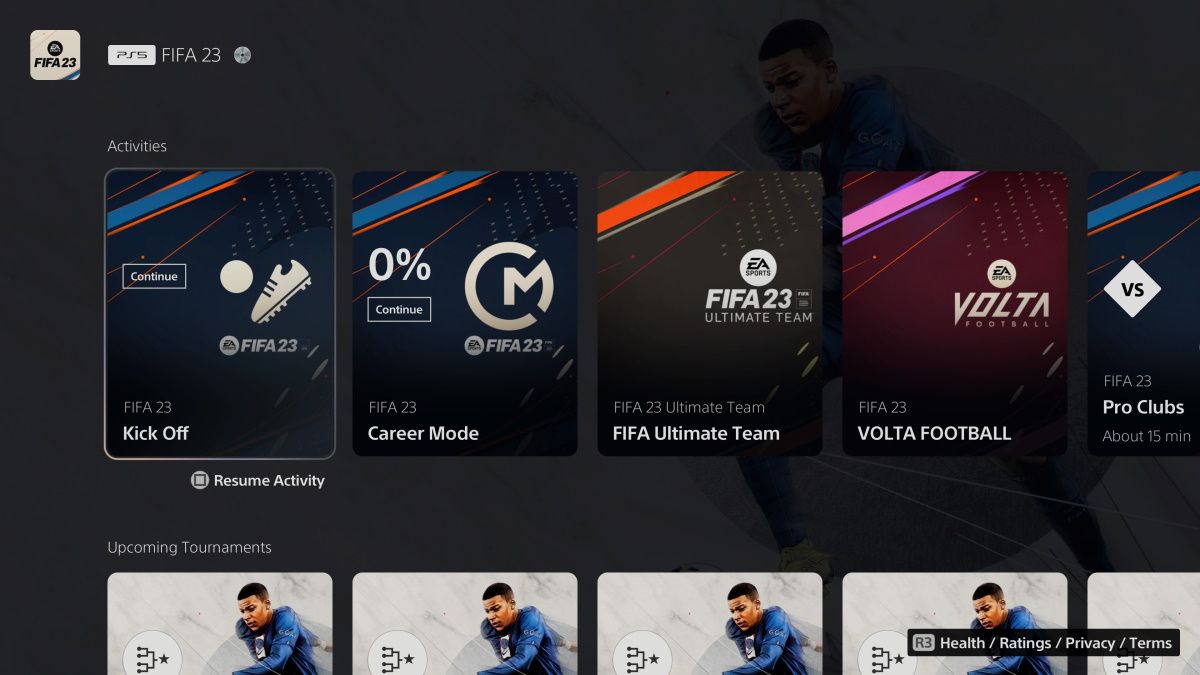 A screenshot showing FIFA 23's activity cards on the PS5
