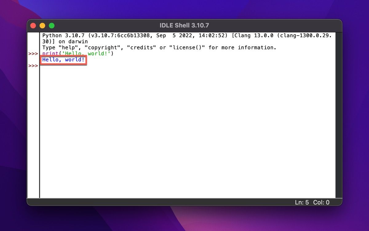 python 3 IDLE shell printing hello world