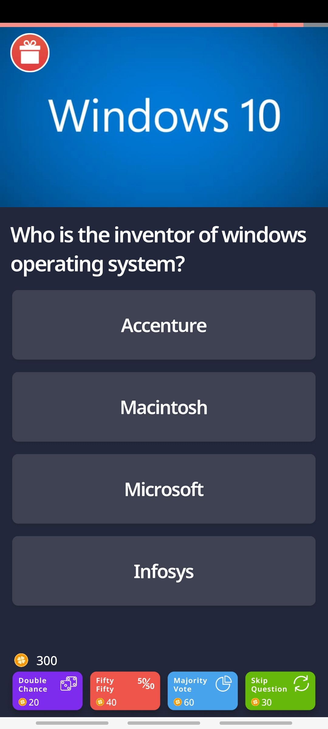 quizzland app asking a question about windows operating system