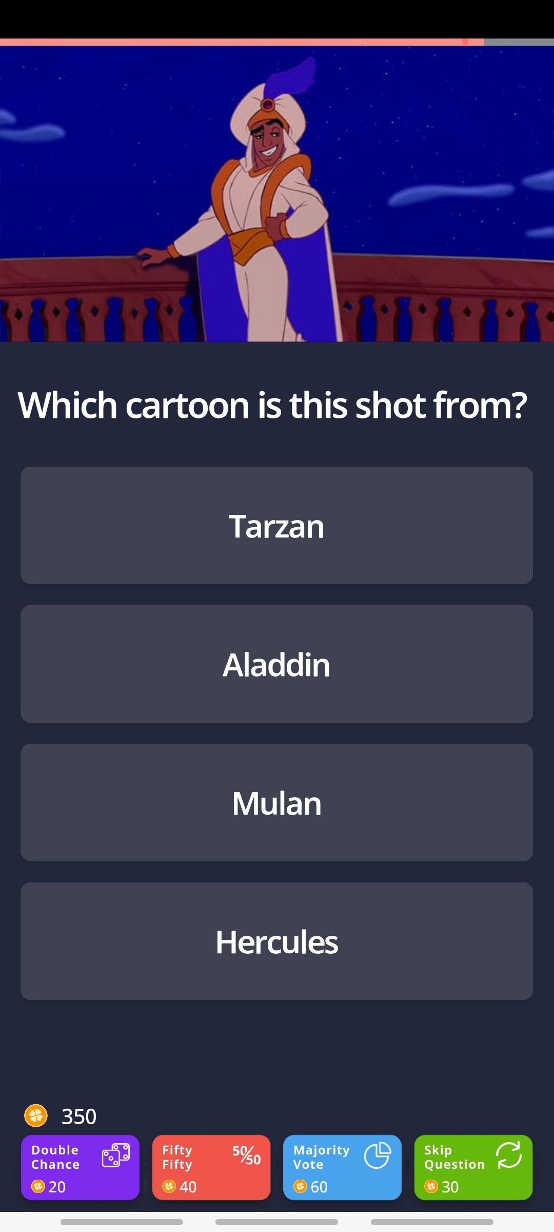 quizzland app asking which cartoon a character is from, showing an image from aladdin