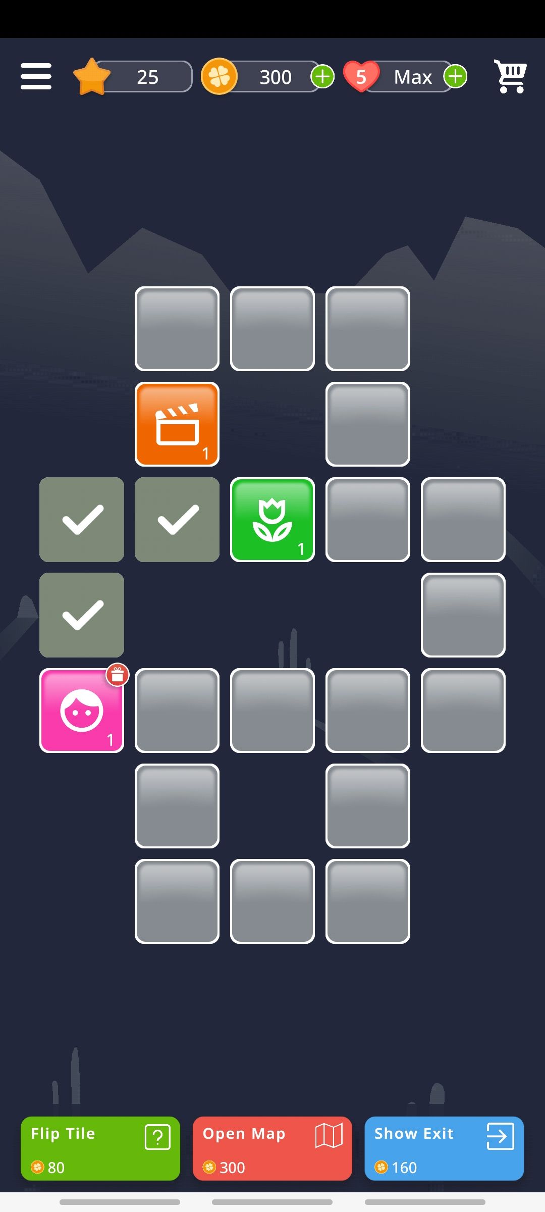 quizzland app showing a unique level with different question categories