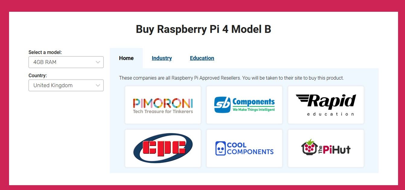 A screenshot of the Raspberry Pi Website Showing Approved Resellers