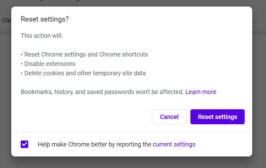reset Chrome settings