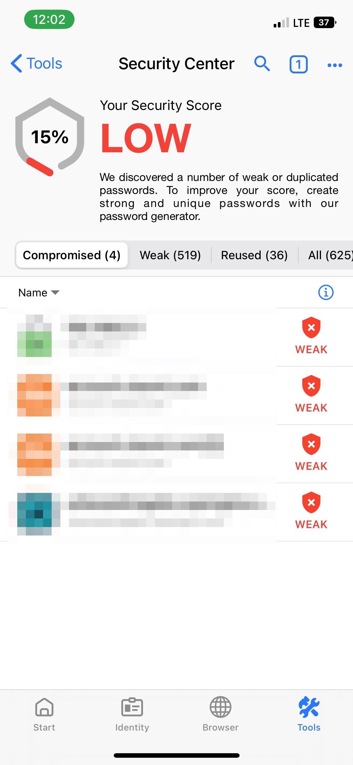 RoboForm security center page shows weak passwords on iOS