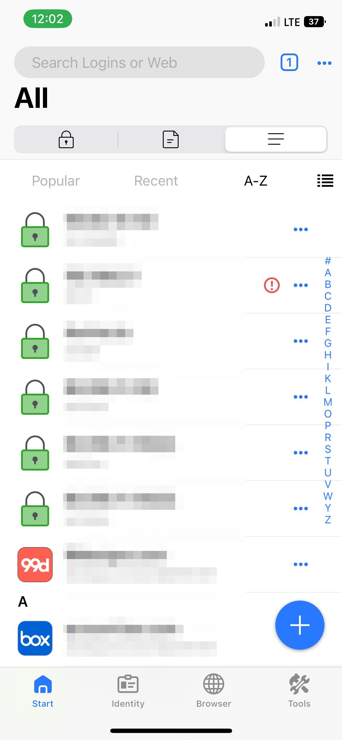 RoboForm Start page showing all passwords on iOS