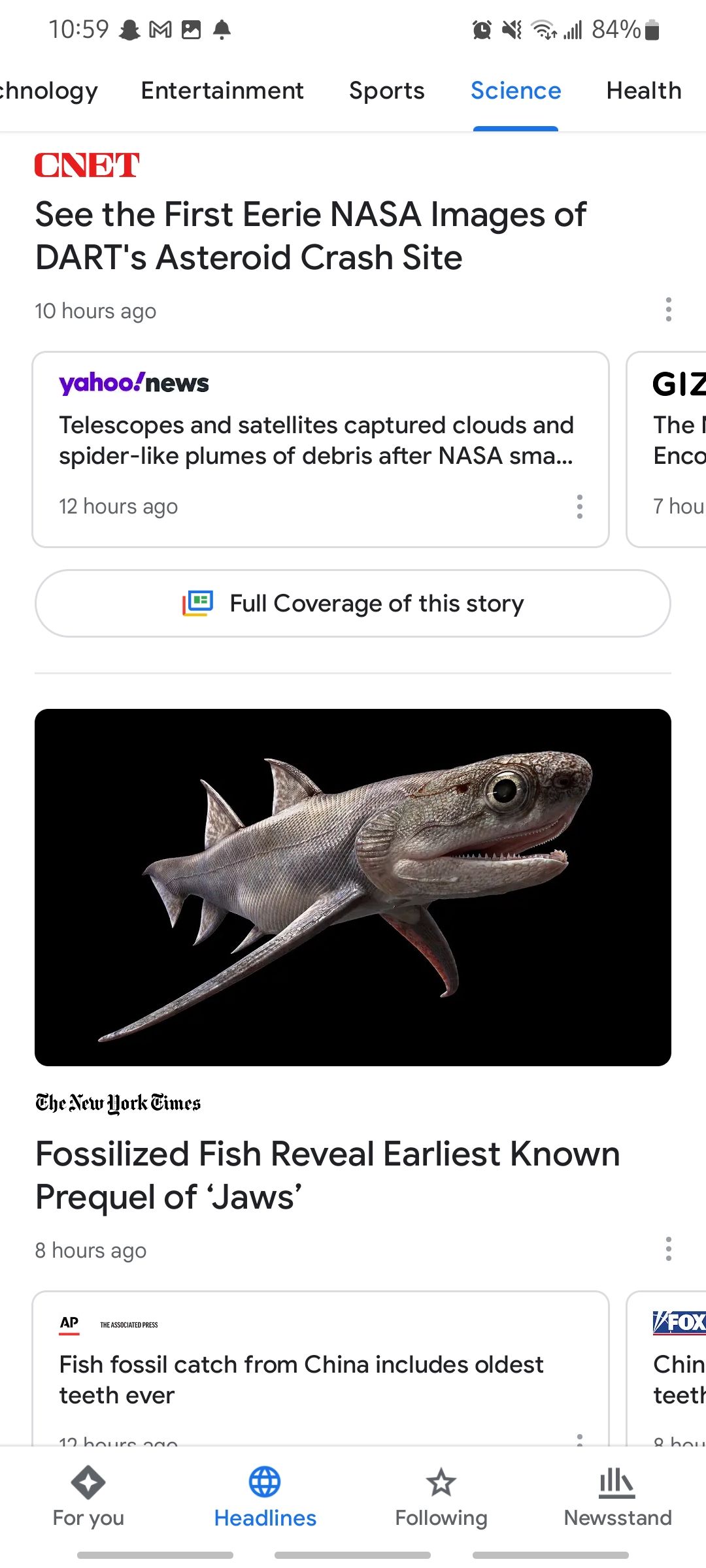 science headlines in google news app