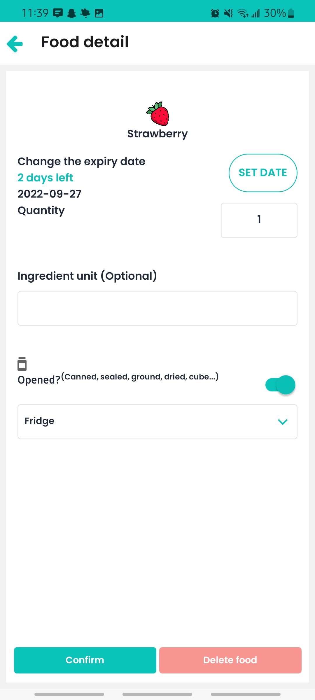 screen showing you can change expiration date and quantity of a food ingredient in emptymyfridge app