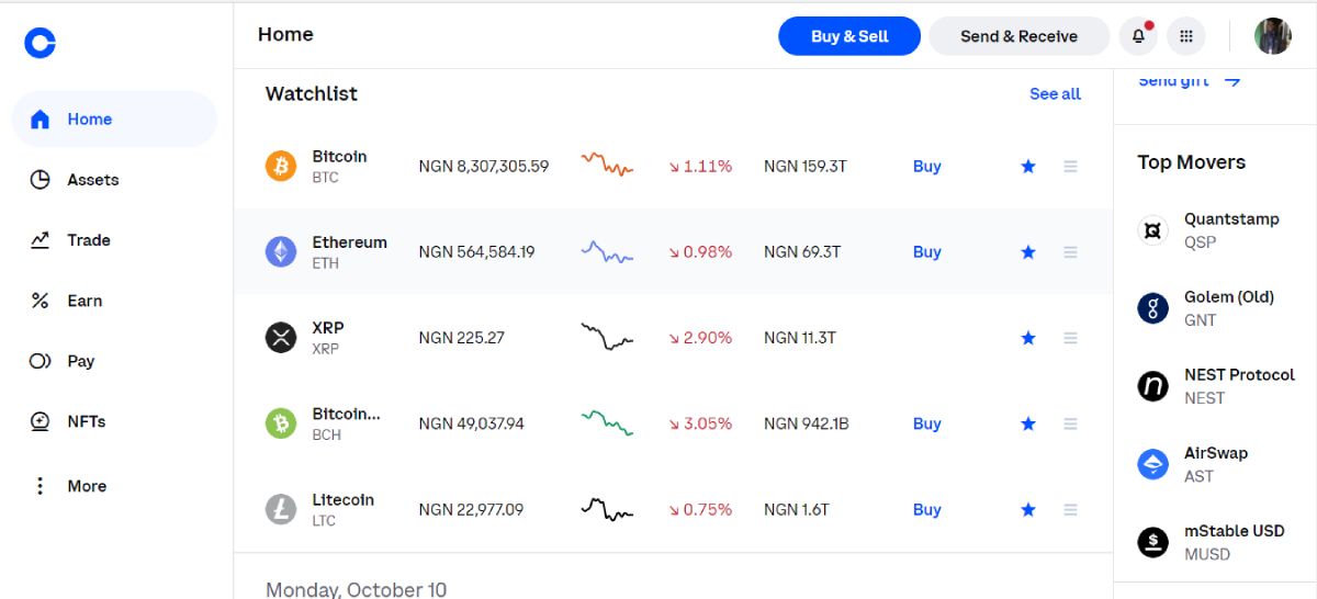 screenshot of Coinbase supported assets