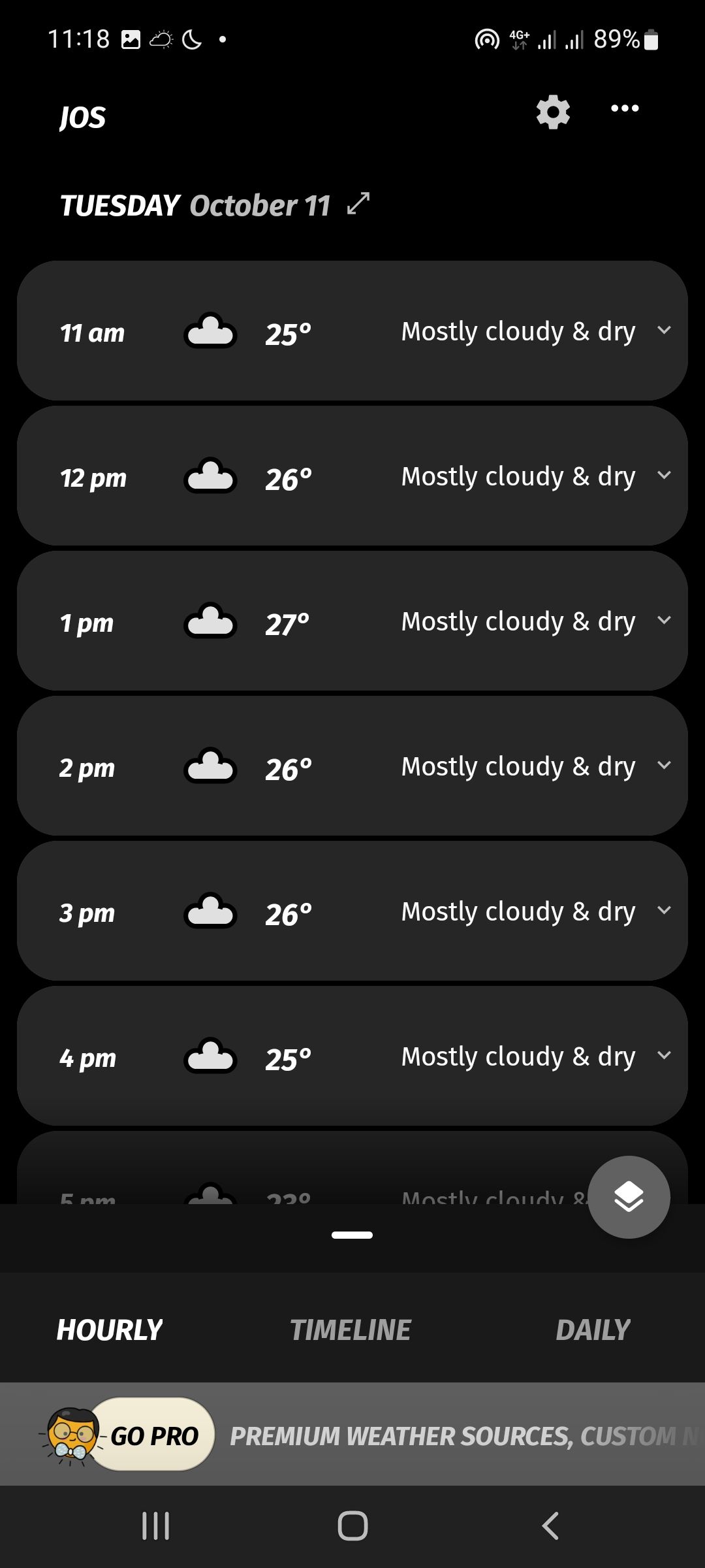 screenshot of appy weather hourly tab