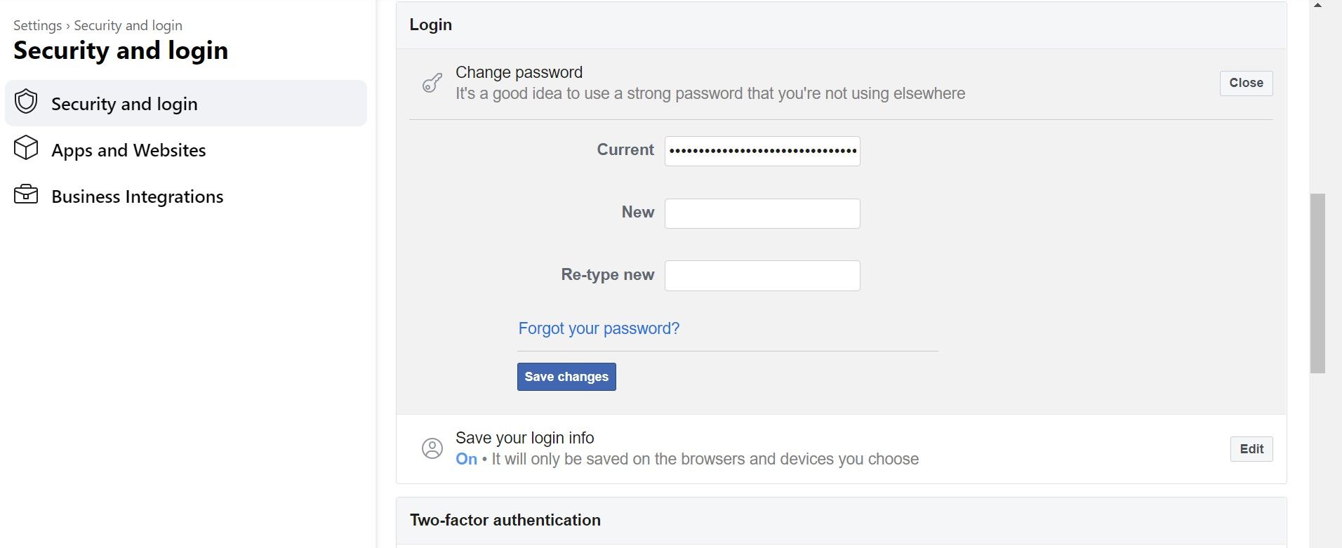 screenshot of change password page on Facebook