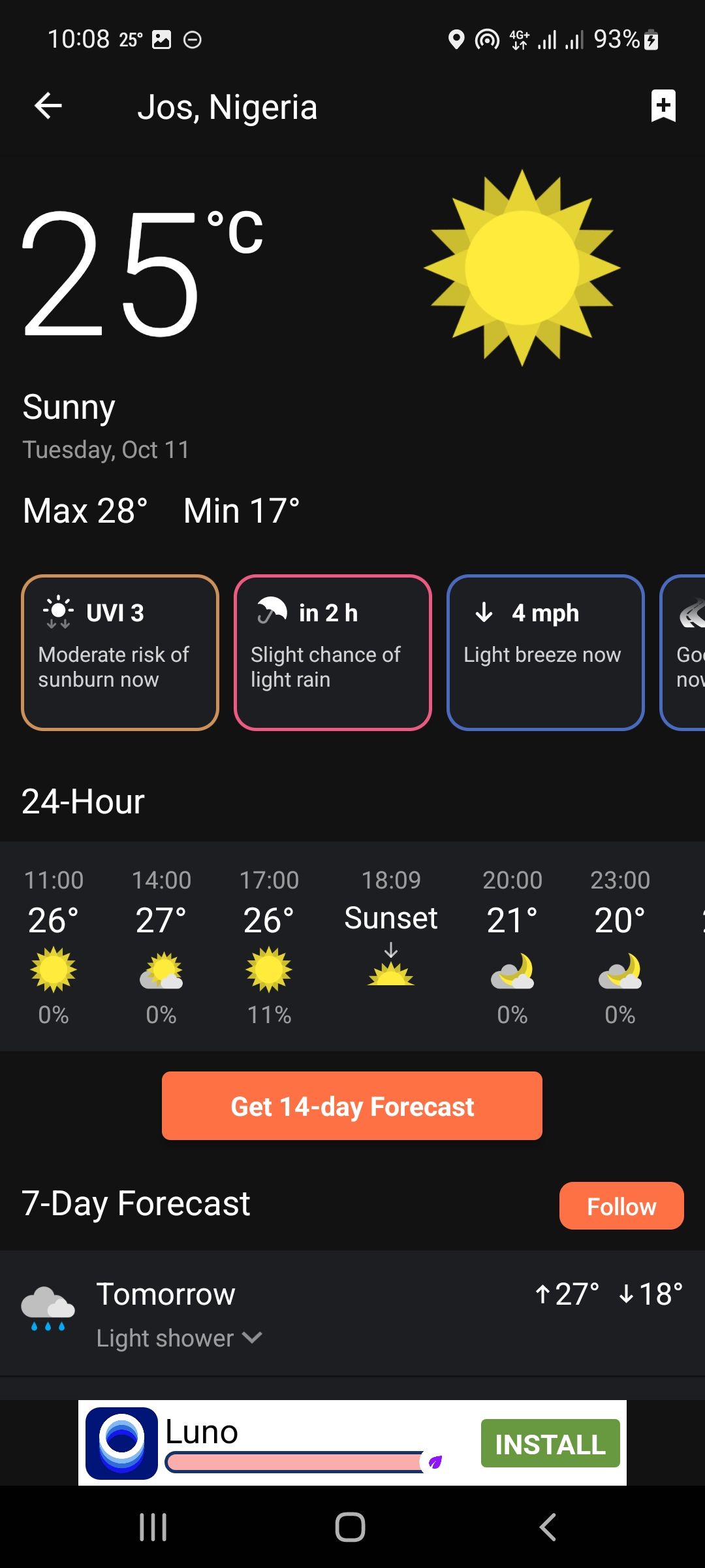 screenshot of clime app showing weather