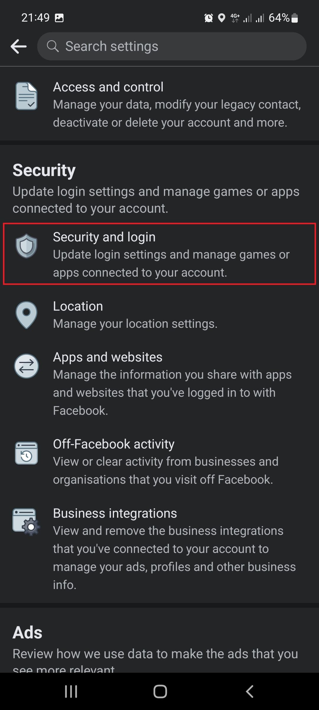 screenshot of facebook settings with login highlighted